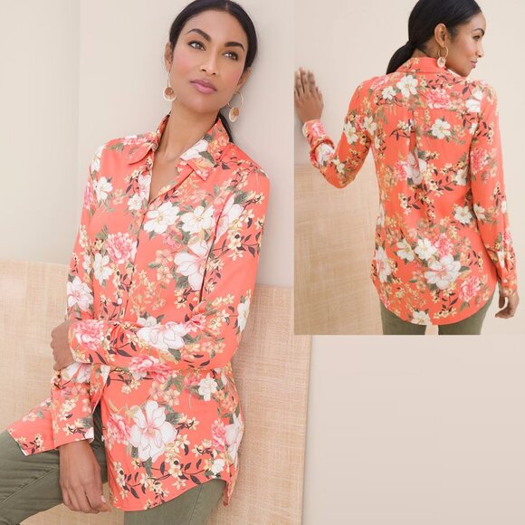NWT New Chico's Sandwashed Satin Floral Print Shirt Size 2 US L - Picture 1 of 10